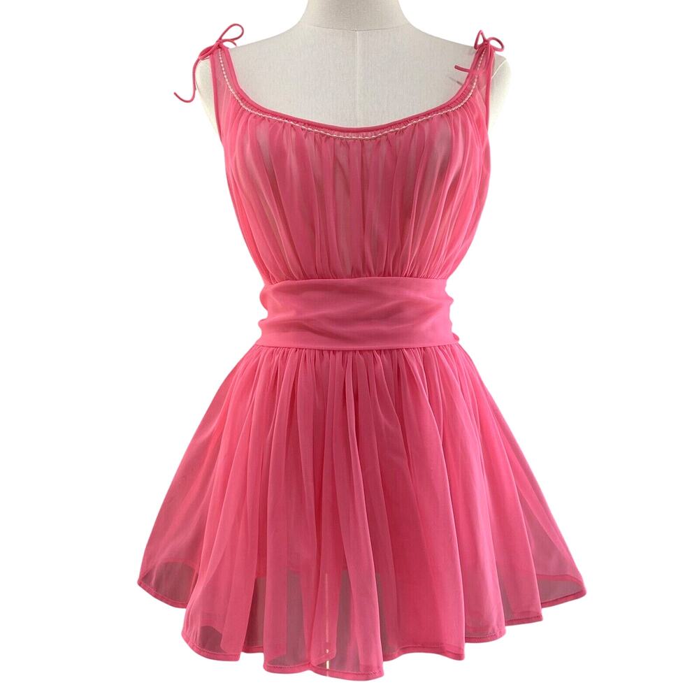 Vintage 50s Bubblegum Pink Nylon Chiffon Pearl Trim Babydoll Nightie Set Size M - Picture 3 of 16